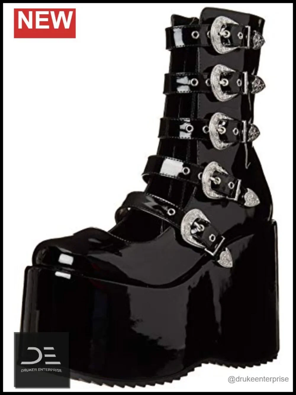 Platform Shoe with Decorative Buckles and Side Zipper